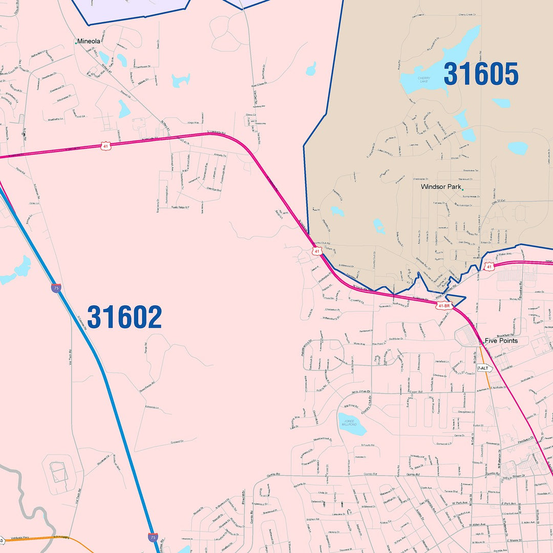 Color Cast Zip Code Style Wall Map of Valdosta, GA