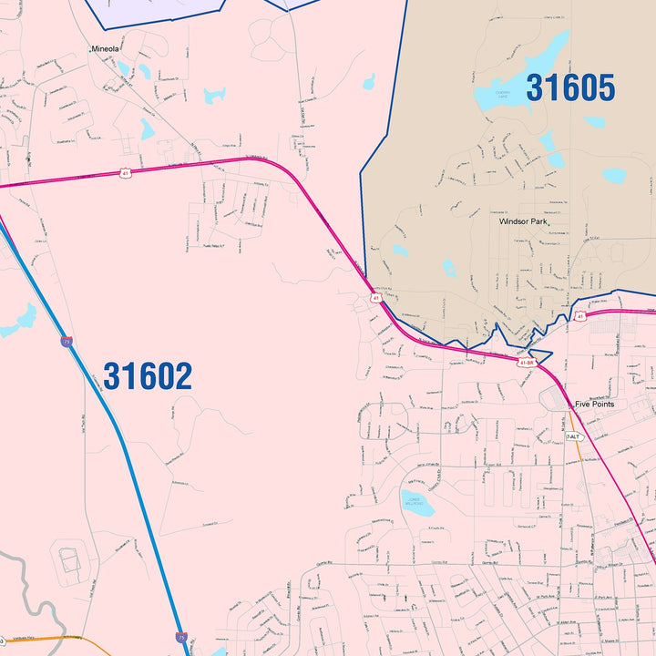 Color Cast Zip Code Style Wall Map of Valdosta, GA