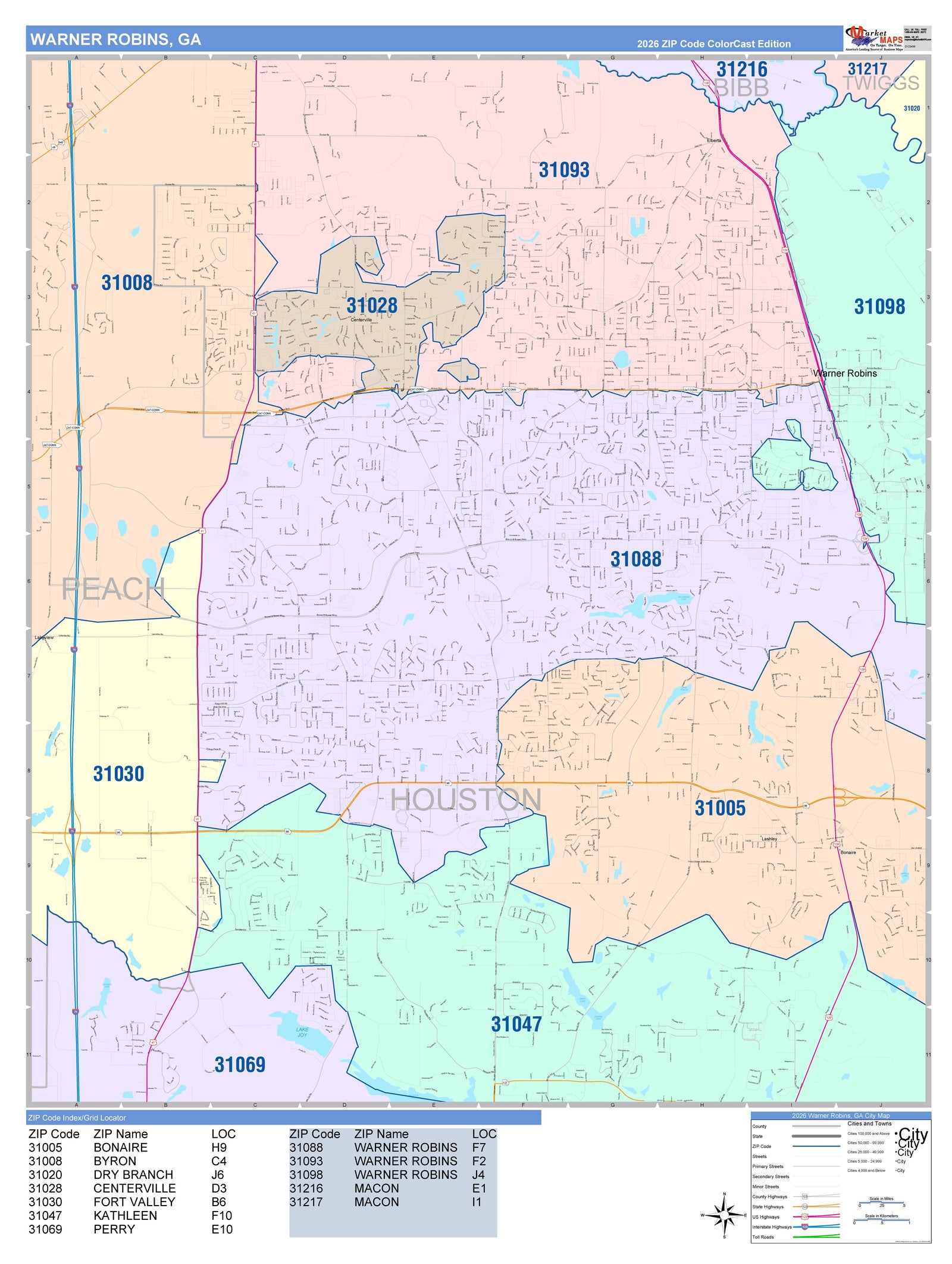 Color Cast Zip Code Style Wall Map of Warner Robins, GA