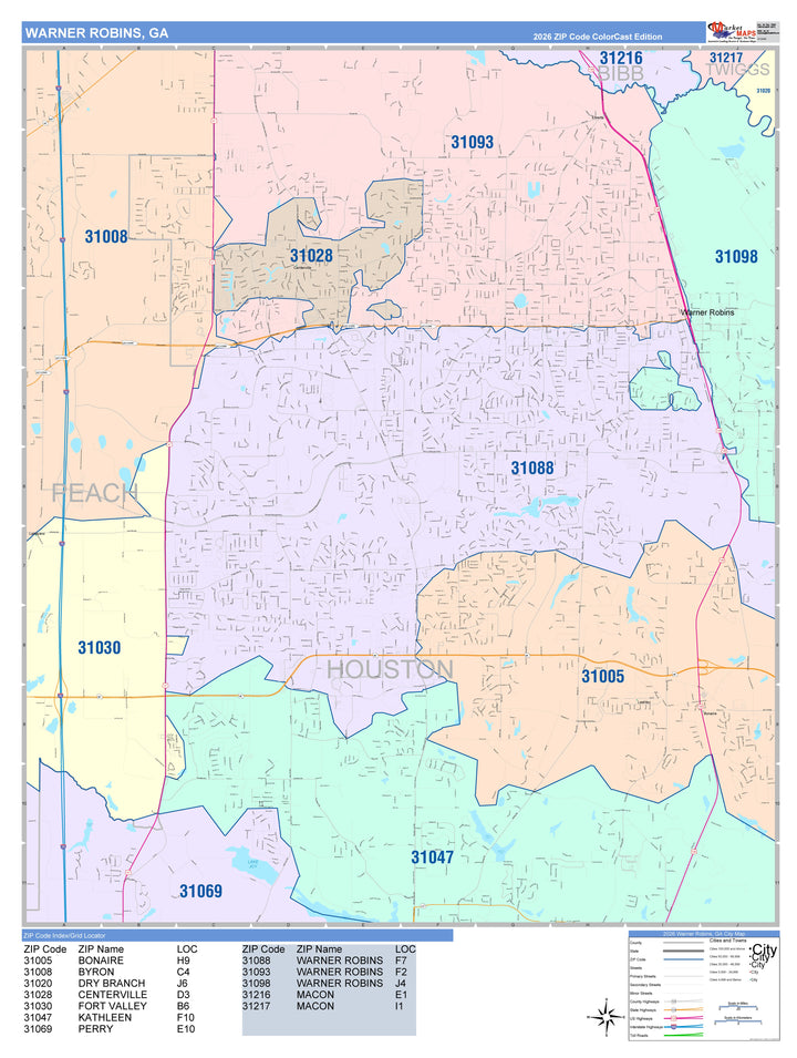 Color Cast Zip Code Style Wall Map of Warner Robins, GA