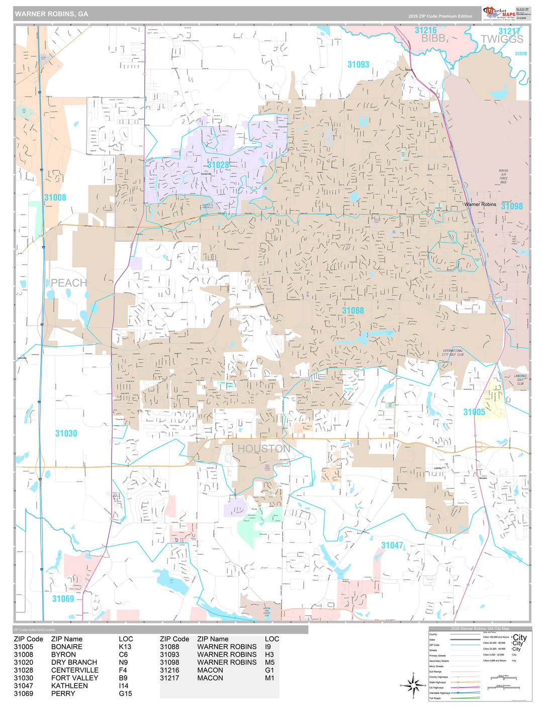 Premium Style Wall Map of Warner Robins, GA