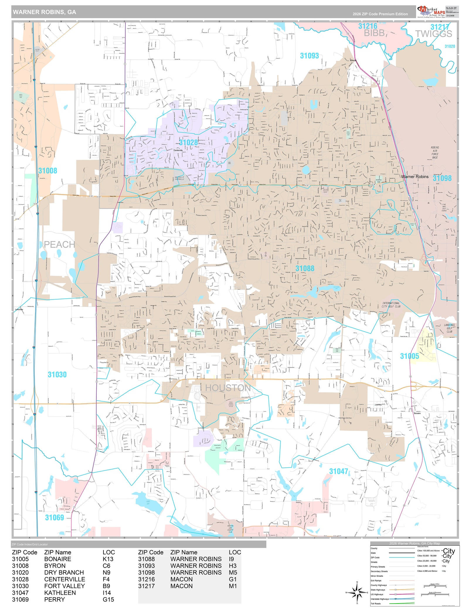 Premium Style Wall Map of Warner Robins, GA
