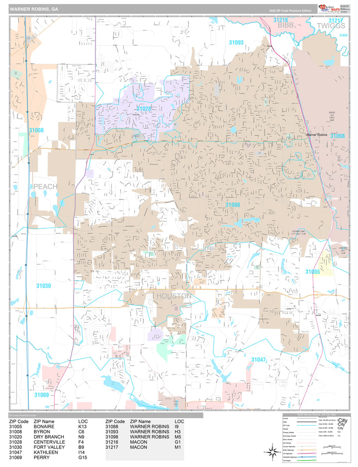 Premium Style Wall Map of Warner Robins, GA