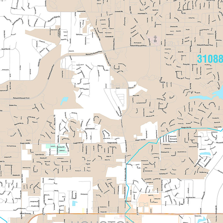 Premium Style Wall Map of Warner Robins, GA