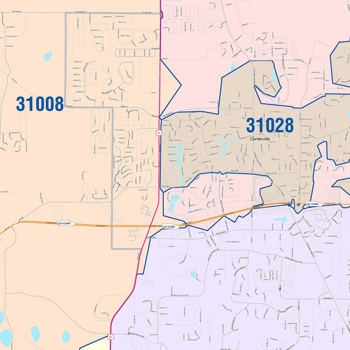 Color Cast Zip Code Style Wall Map of Warner Robins, GA