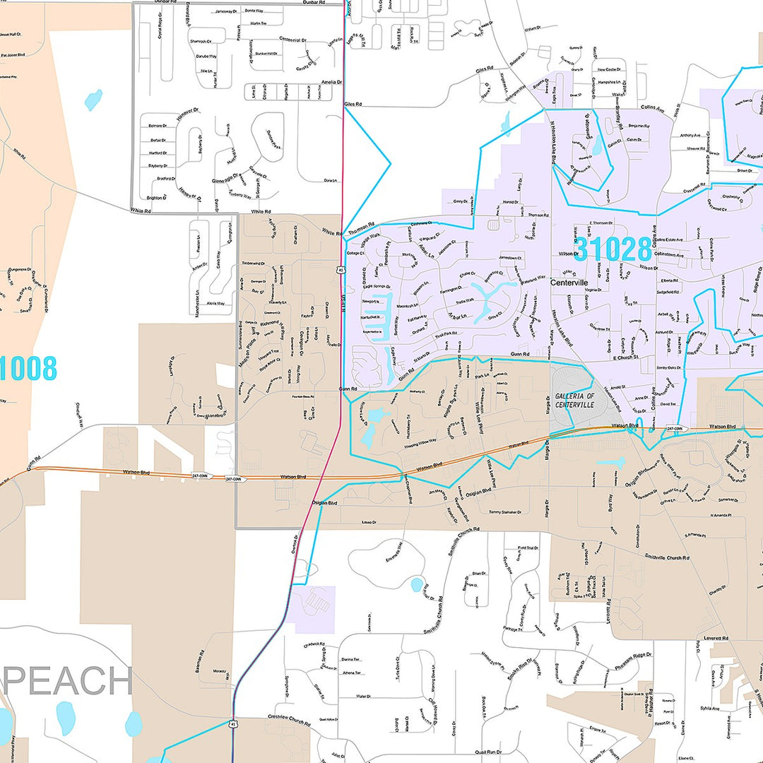 Premium Style Wall Map of Warner Robins, GA