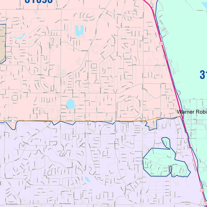 Color Cast Zip Code Style Wall Map of Warner Robins, GA