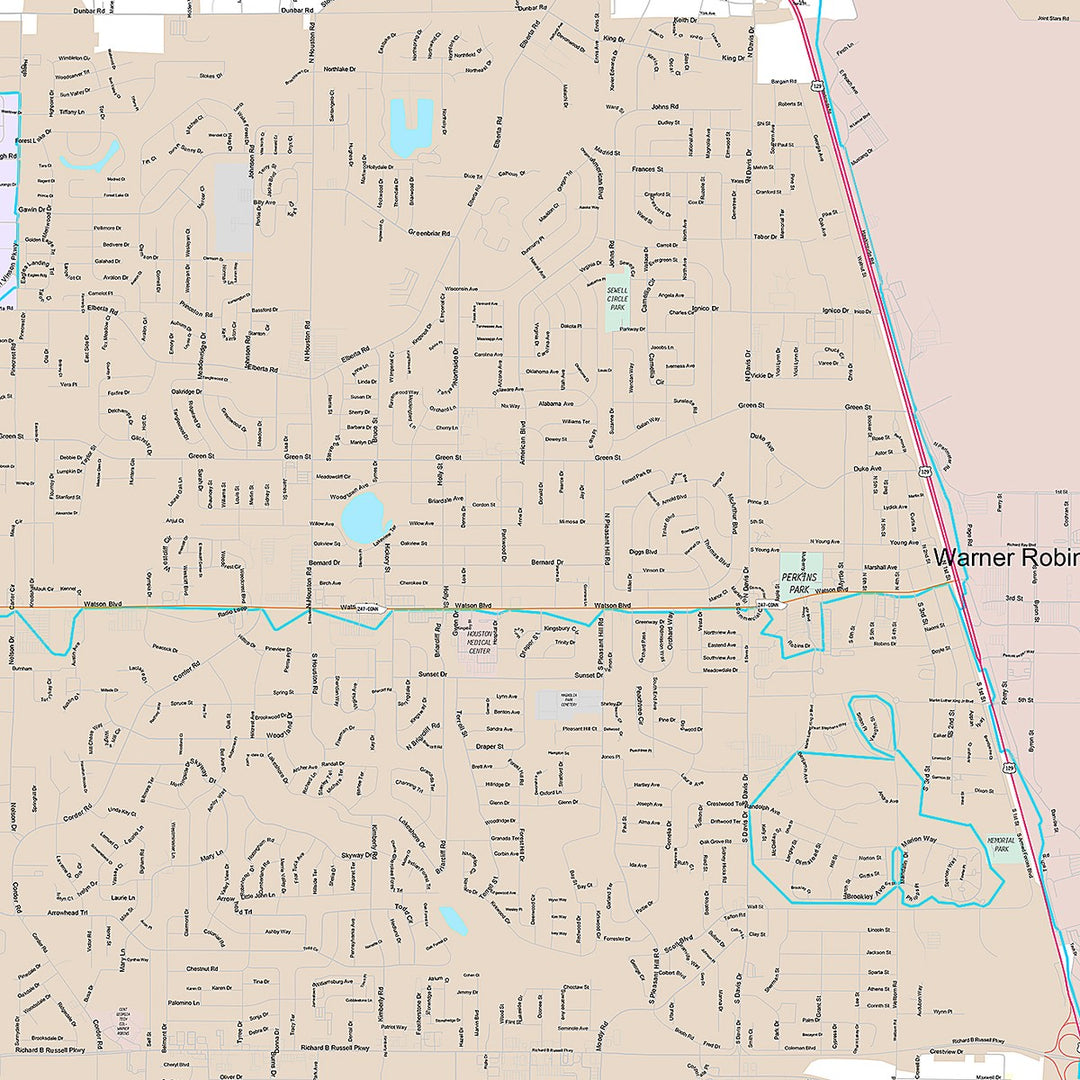 Premium Style Wall Map of Warner Robins, GA