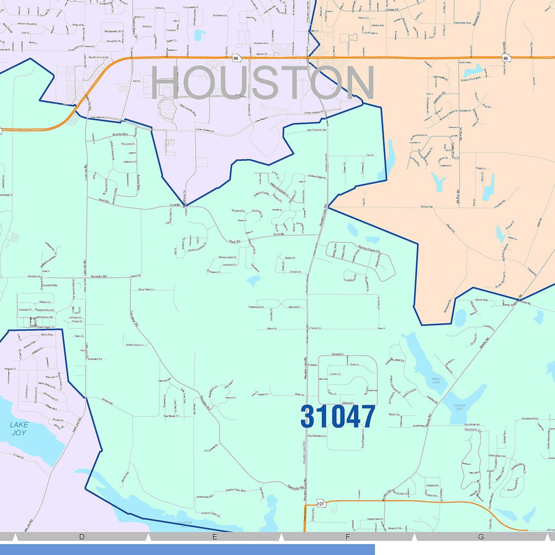 Color Cast Zip Code Style Wall Map of Warner Robins, GA
