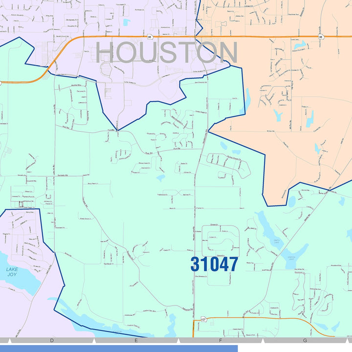 Color Cast Zip Code Style Wall Map of Warner Robins, GA