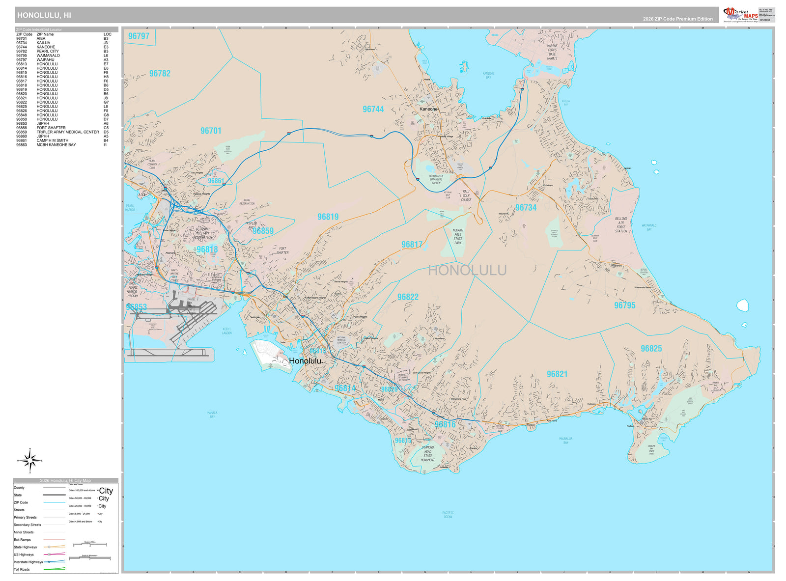 Premium Style Wall Map of Honolulu HI