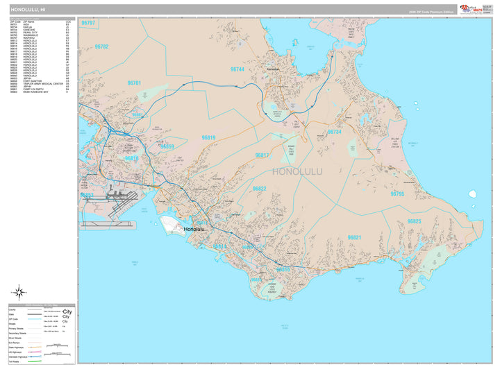 Premium Style Wall Map of Honolulu HI