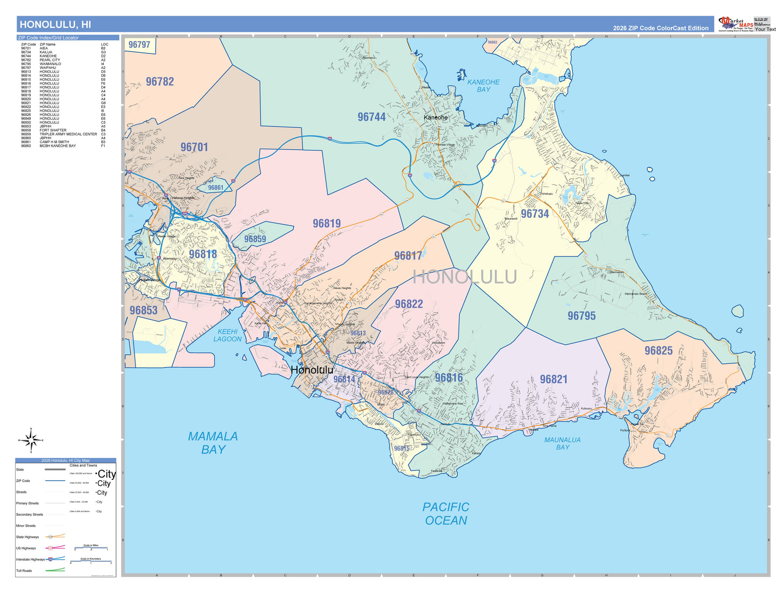 Colorcast Zip Code Style Wall Map of Honolulu HI