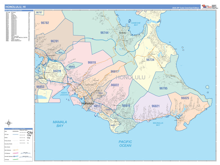Colorcast Zip Code Style Wall Map of Honolulu HI