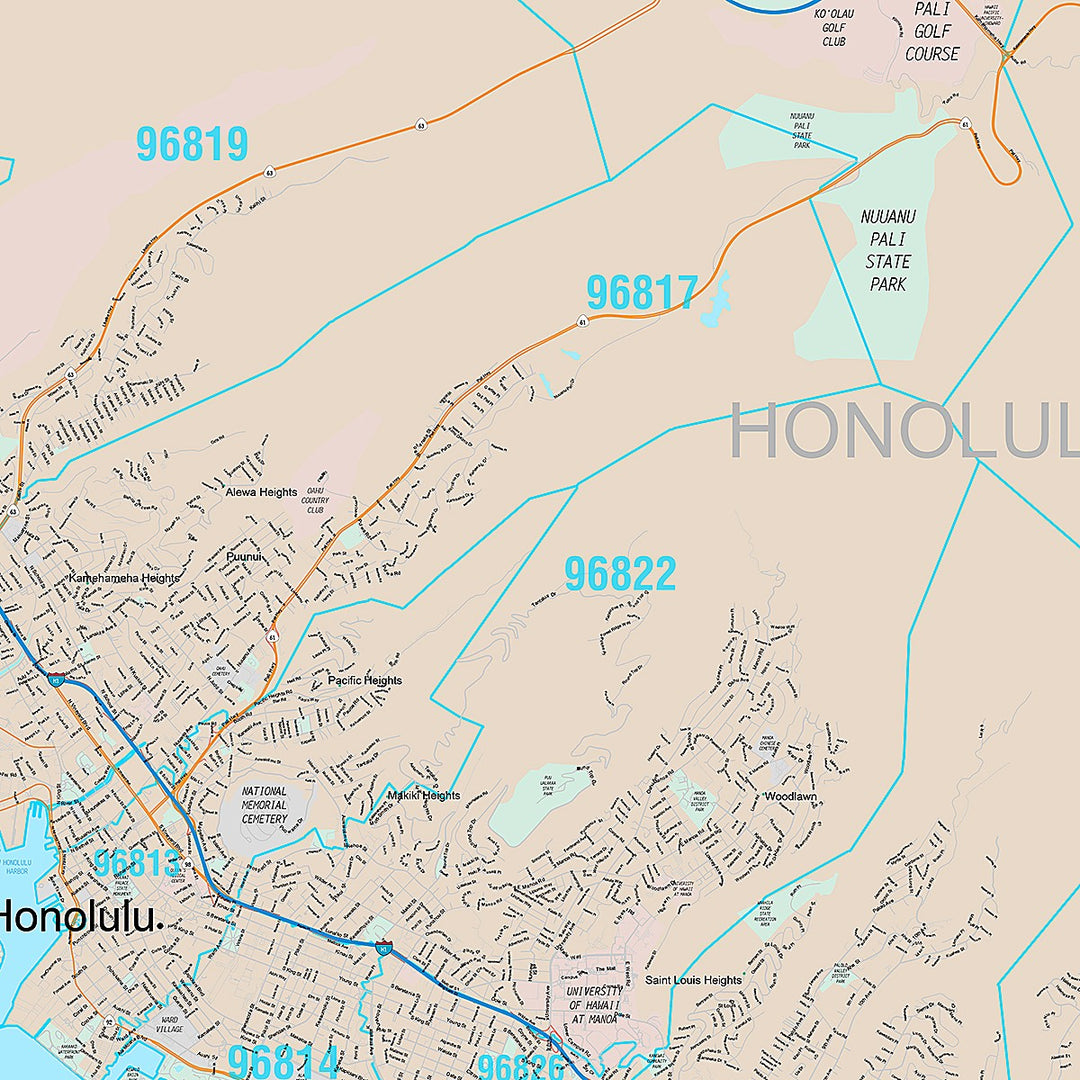 Premium Style Wall Map of Honolulu HI