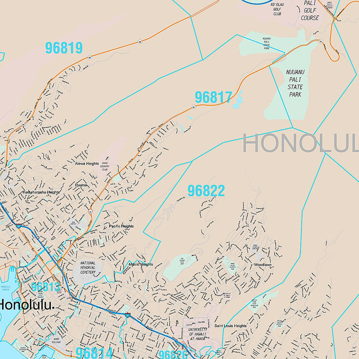 Premium Style Wall Map of Honolulu HI