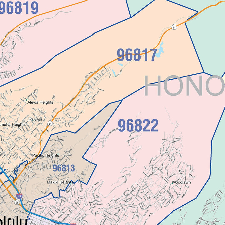 Colorcast Zip Code Style Wall Map of Honolulu HI