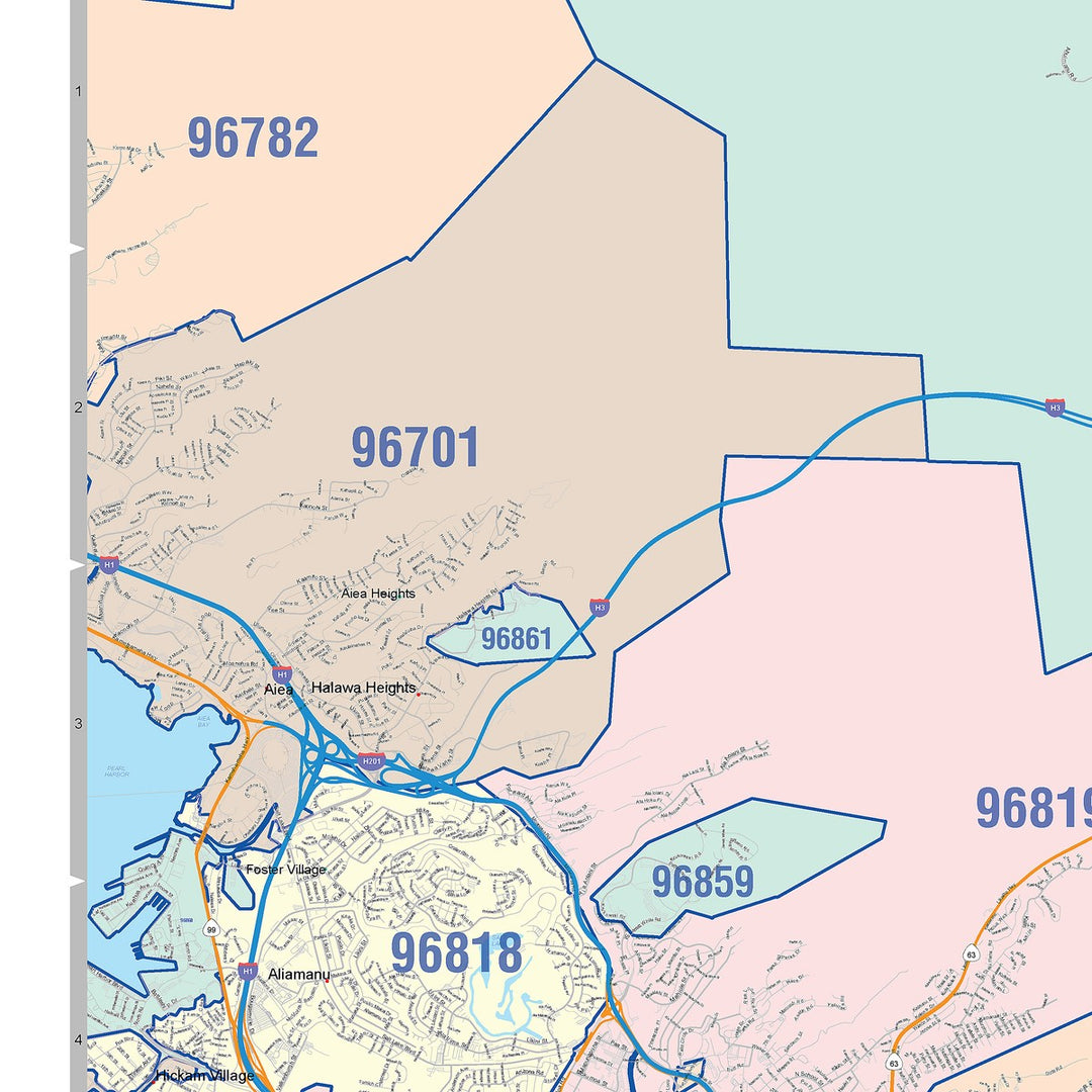 Colorcast Zip Code Style Wall Map of Honolulu HI