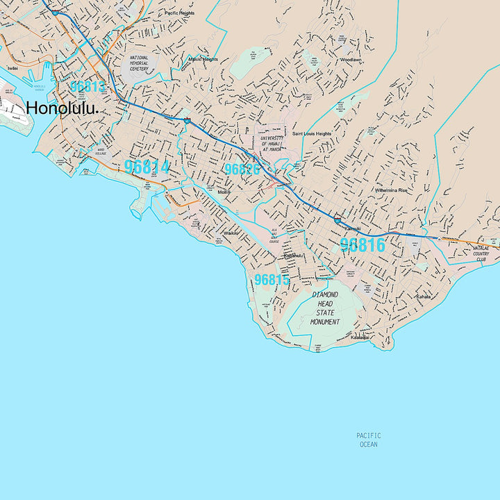 Premium Style Wall Map of Honolulu HI