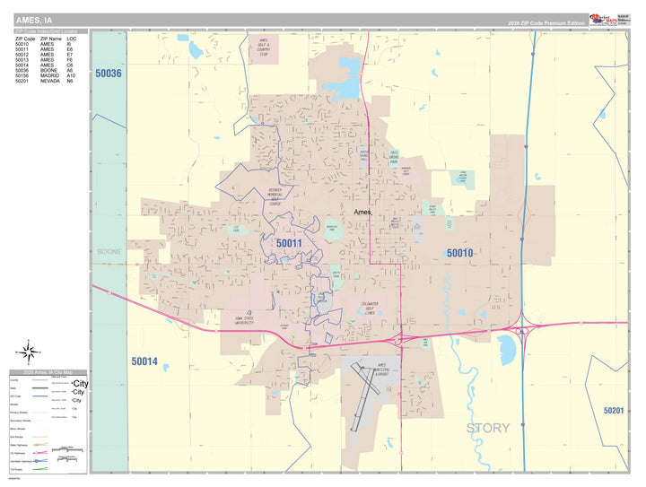 Color Cast Zip Code Style Wall Map of Ames, IA