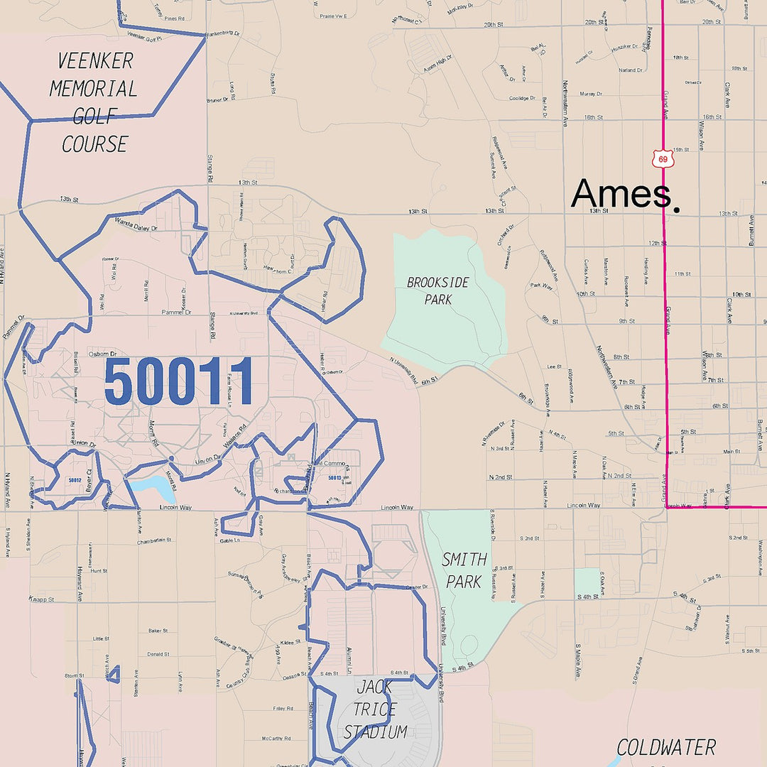 Color Cast Zip Code Style Wall Map of Ames, IA