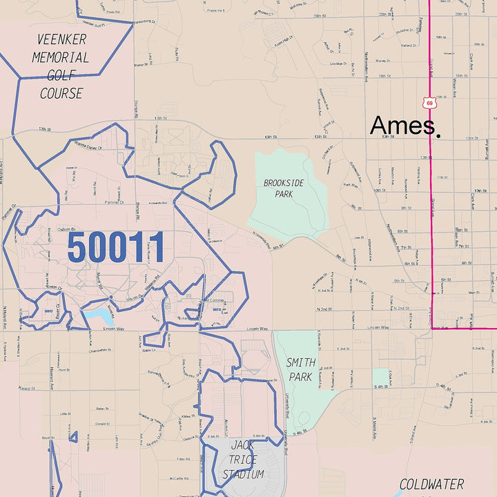 Color Cast Zip Code Style Wall Map of Ames, IA