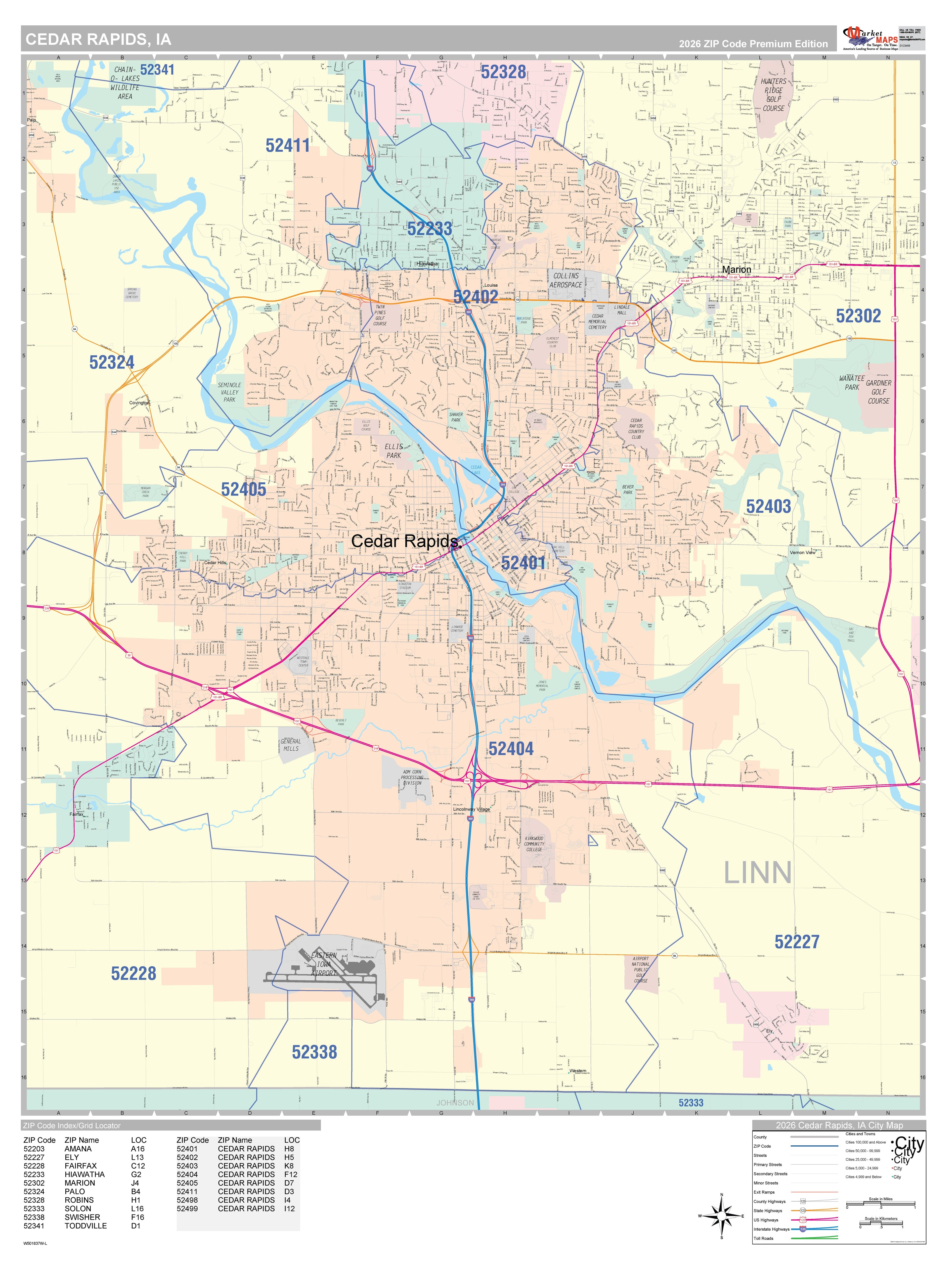 Color Cast Zip Code Style Wall Map of Cedar Rapids, IA – American Map Store