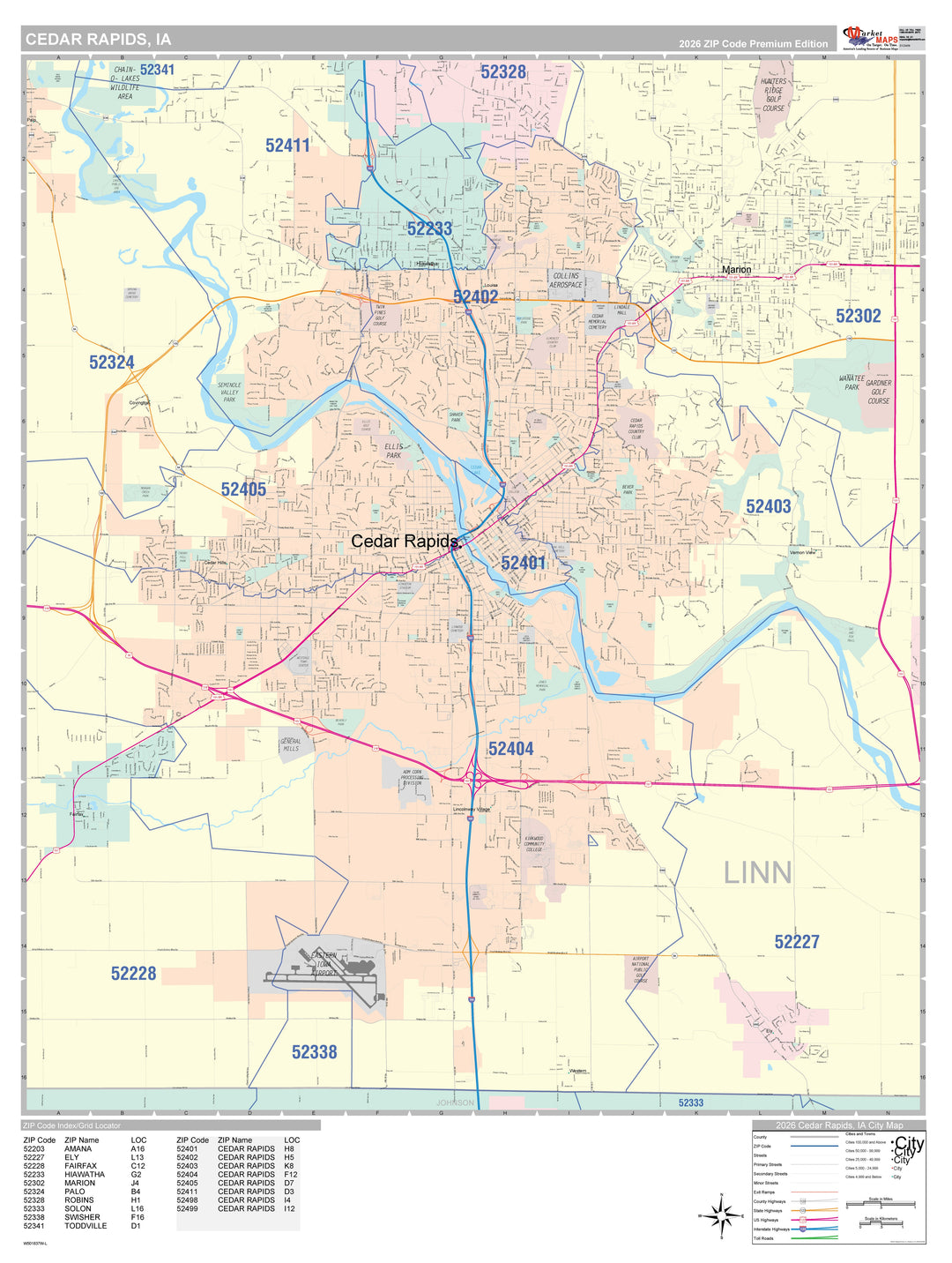 Color Cast Zip Code Style Wall Map of Cedar Rapids, IA