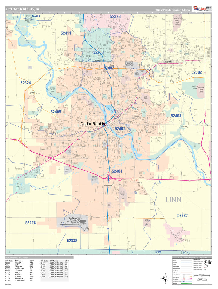 Color Cast Zip Code Style Wall Map of Cedar Rapids, IA