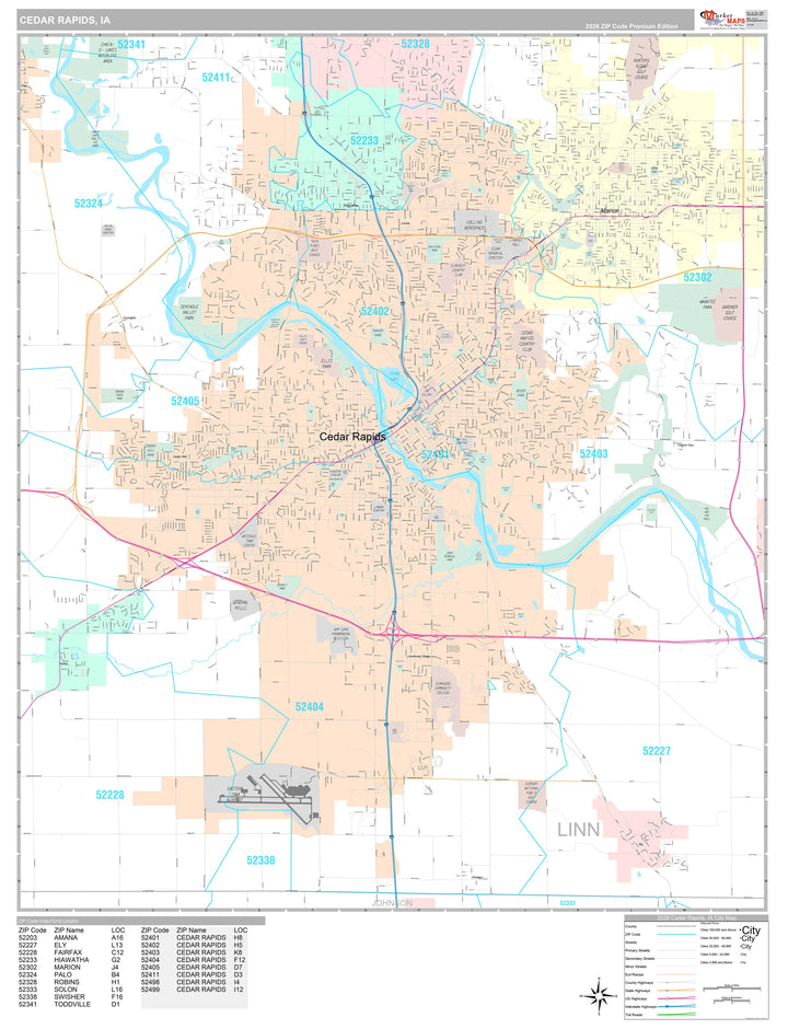 Premium Style Wall Map of Cedar Rapids, IA