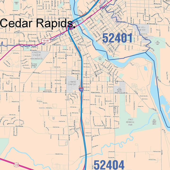 Color Cast Zip Code Style Wall Map of Cedar Rapids, IA