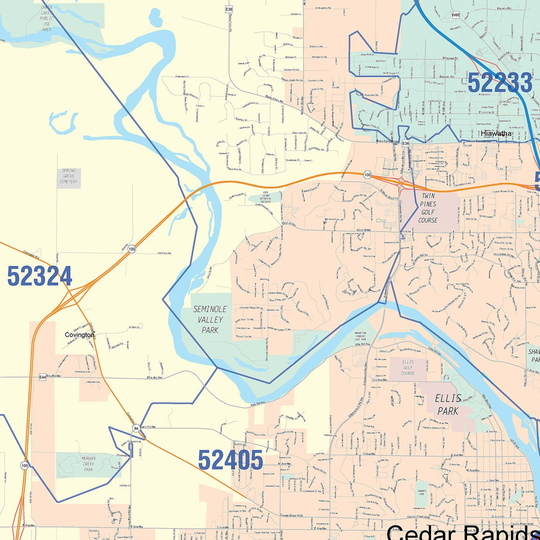 Color Cast Zip Code Style Wall Map of Cedar Rapids, IA