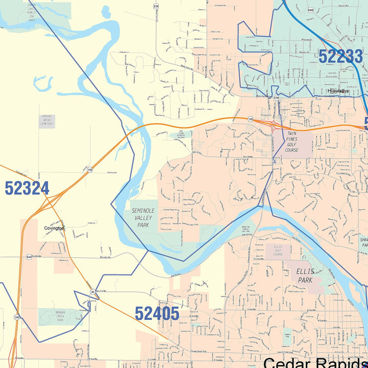 Color Cast Zip Code Style Wall Map of Cedar Rapids, IA