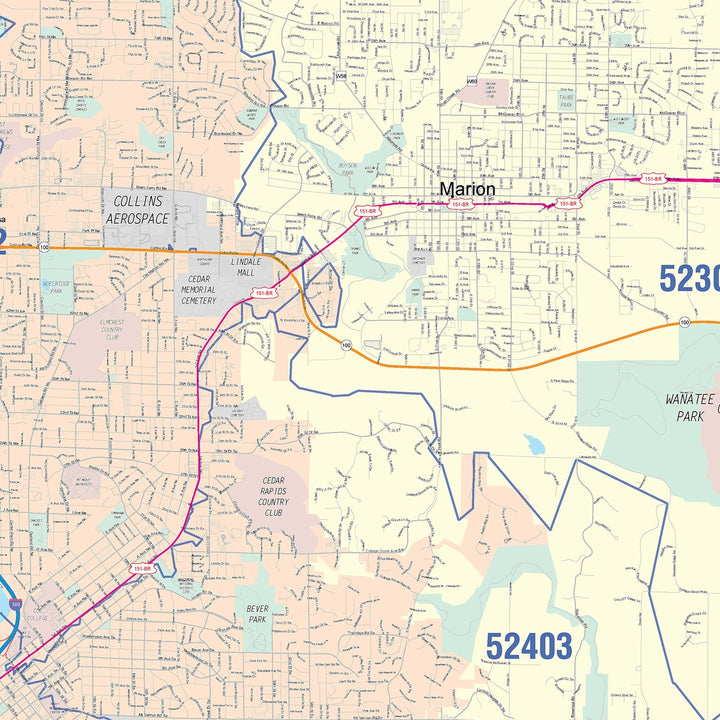Color Cast Zip Code Style Wall Map of Cedar Rapids, IA