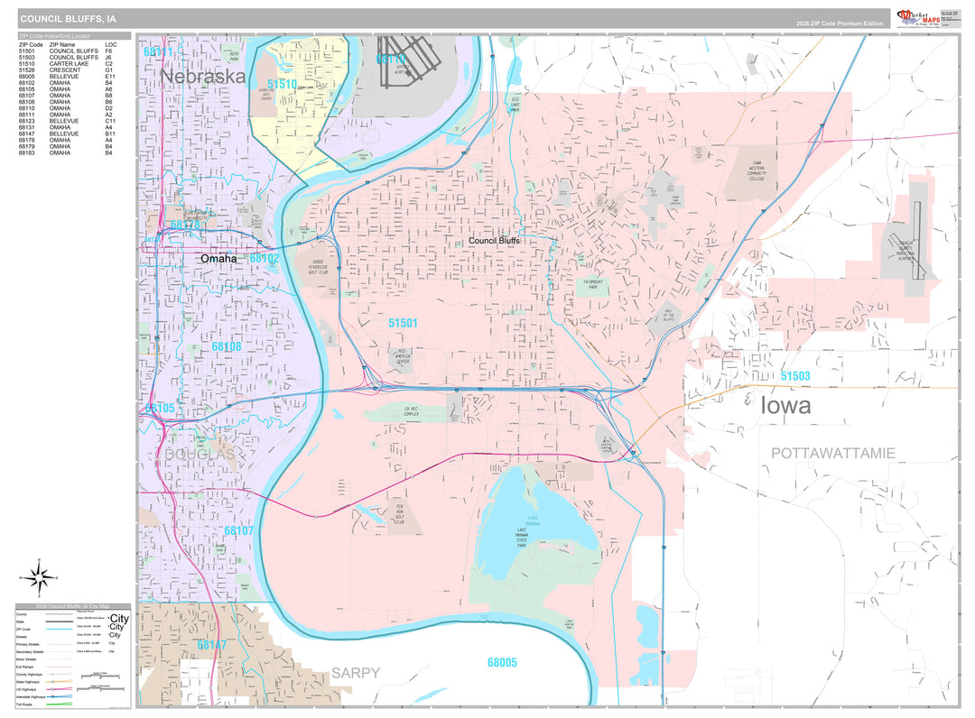Premium Style Wall Map of Council Bluffs, IA