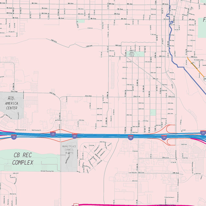 Color Cast Zip Code Style Wall Map of Council Bluffs, IA