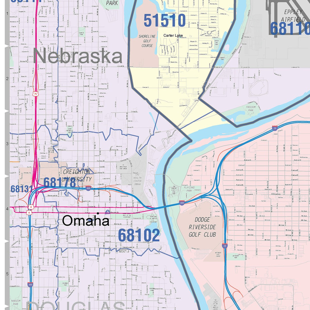 Color Cast Zip Code Style Wall Map of Council Bluffs, IA