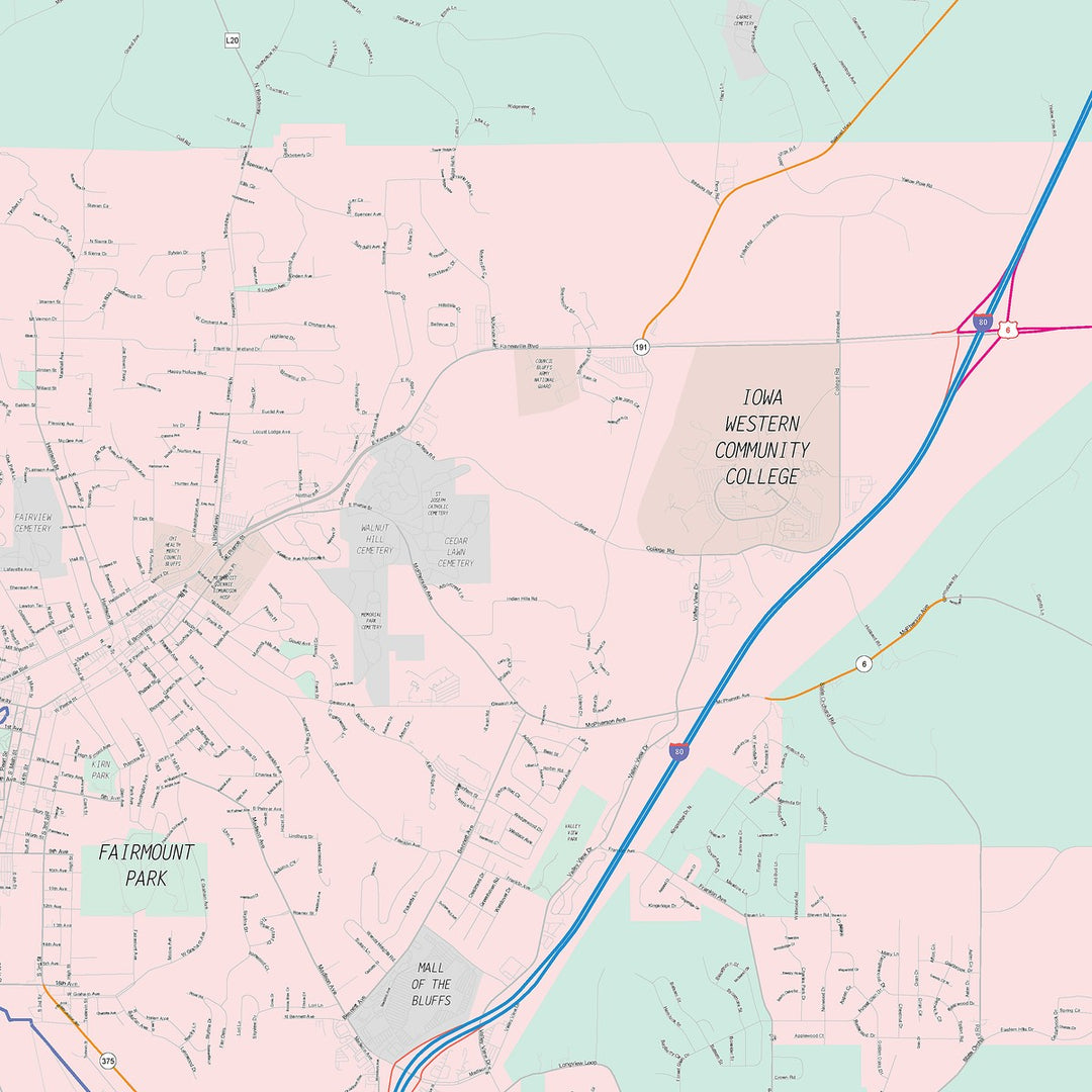 Color Cast Zip Code Style Wall Map of Council Bluffs, IA