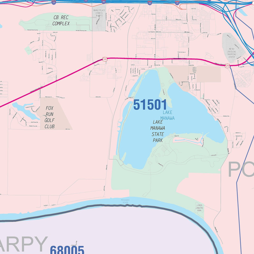 Color Cast Zip Code Style Wall Map of Council Bluffs, IA