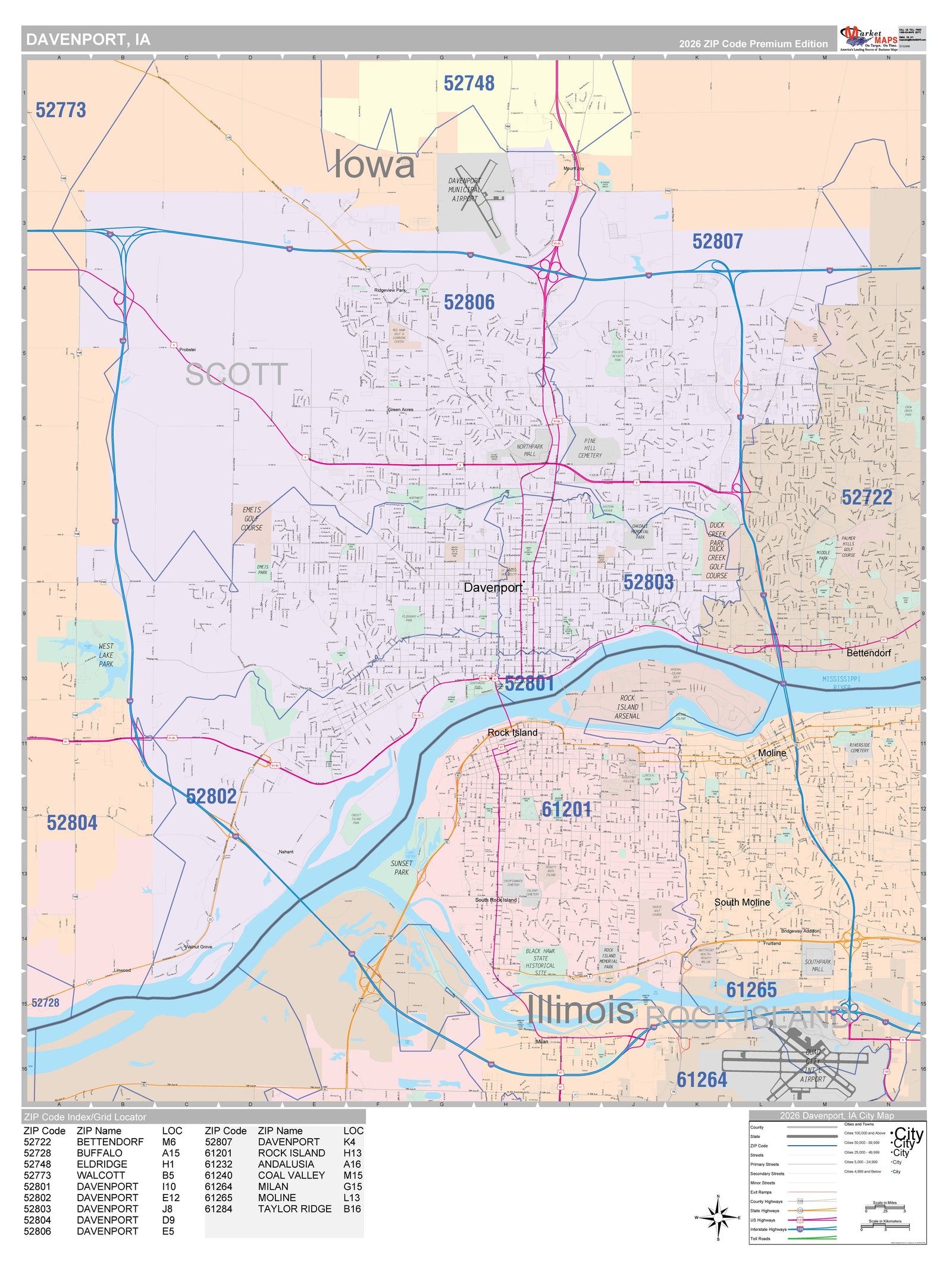 Color Cast Zip Code Style Wall Map of Davenport, IA