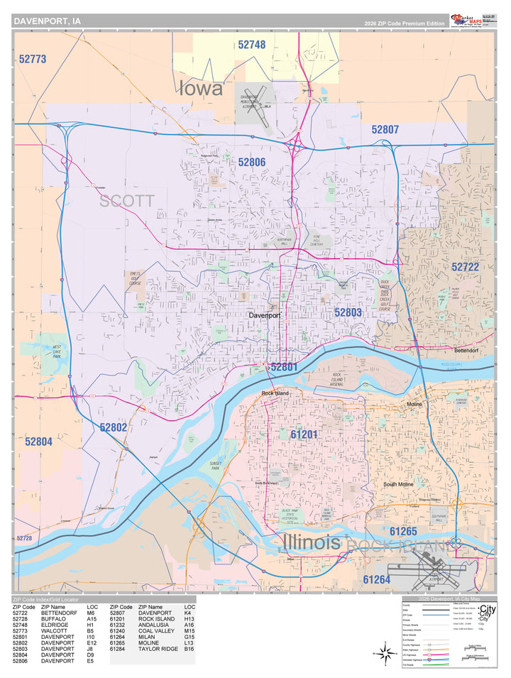 Color Cast Zip Code Style Wall Map of Davenport, IA