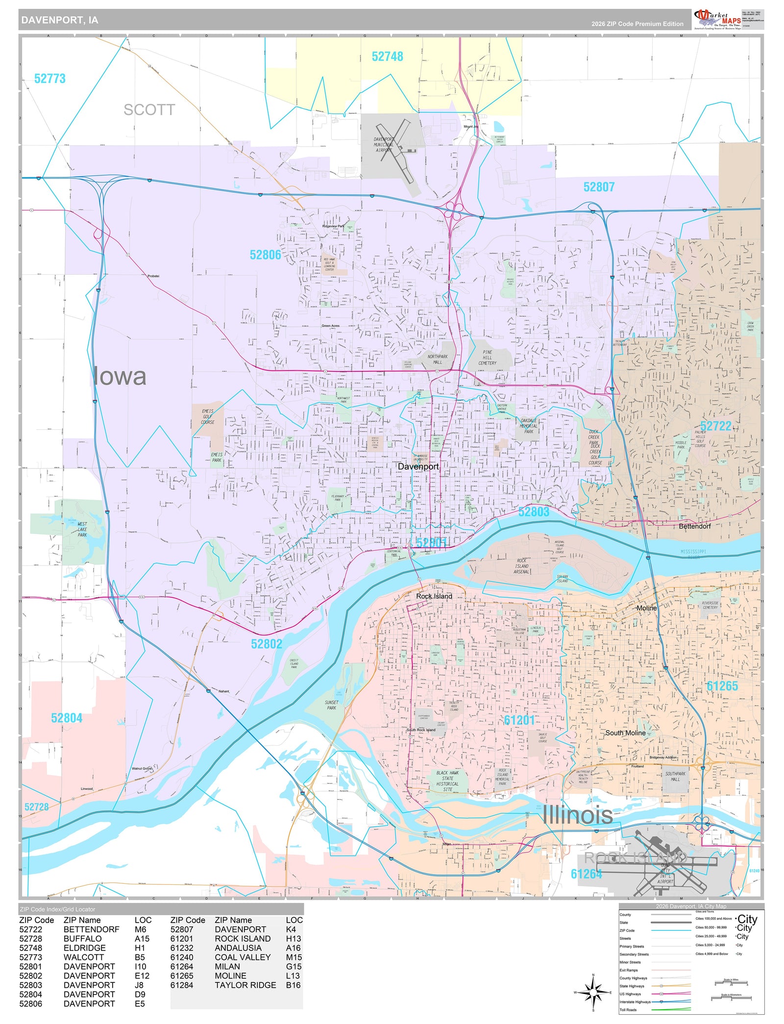 Premium Style Wall Map of Davenport, IA