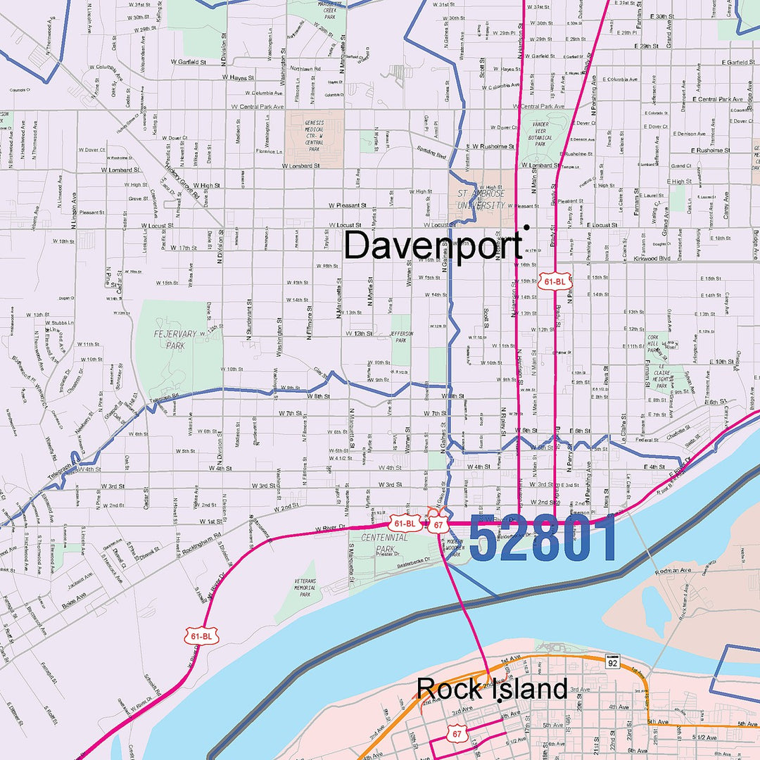 Color Cast Zip Code Style Wall Map of Davenport, IA