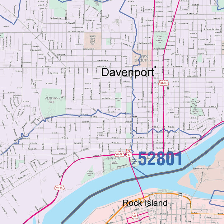 Color Cast Zip Code Style Wall Map of Davenport, IA