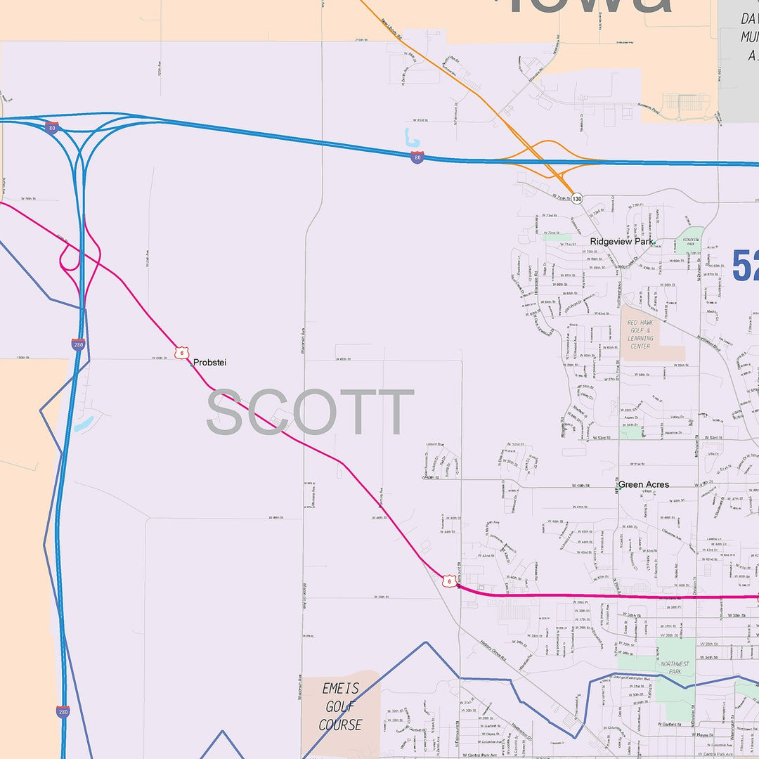 Color Cast Zip Code Style Wall Map of Davenport, IA