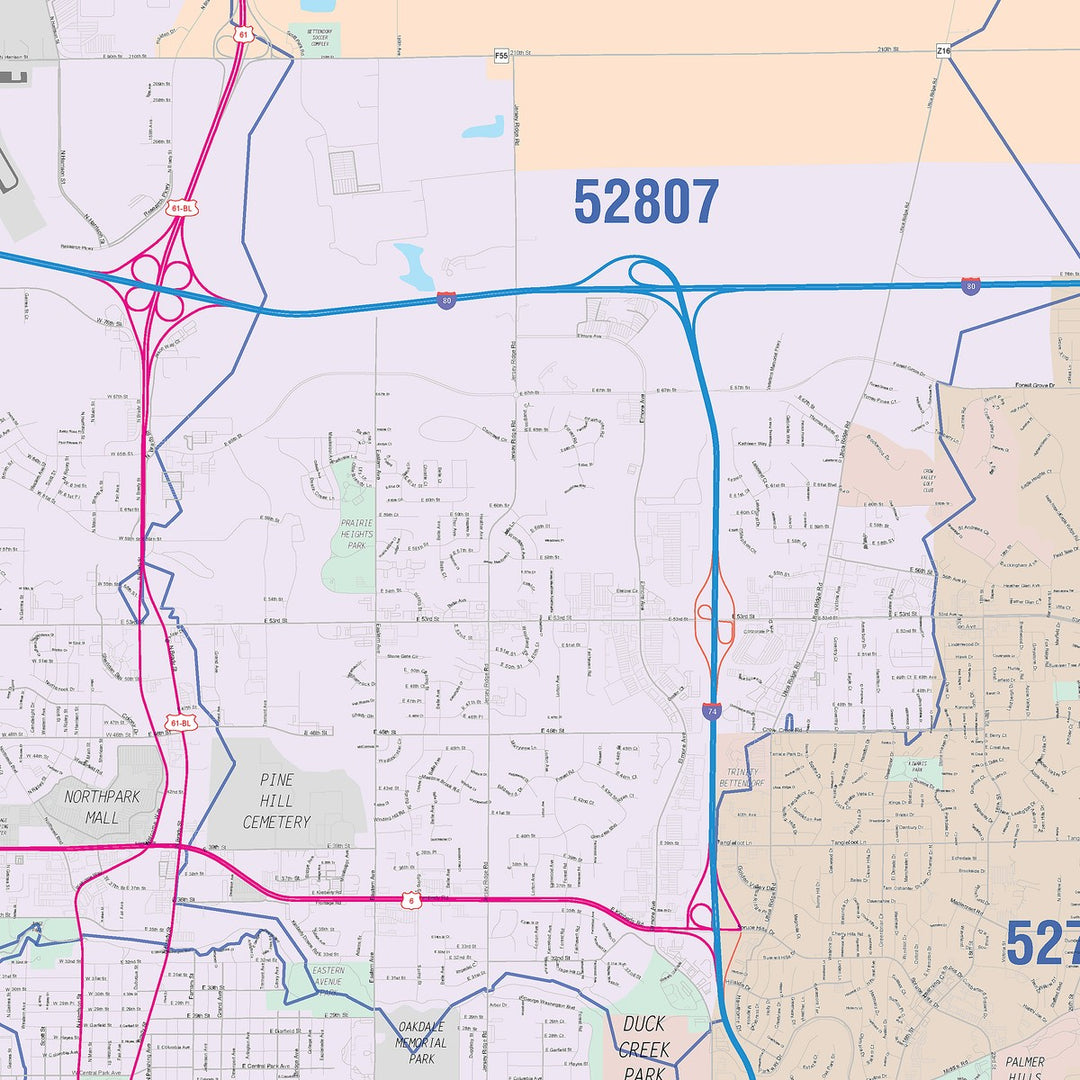 Color Cast Zip Code Style Wall Map of Davenport, IA
