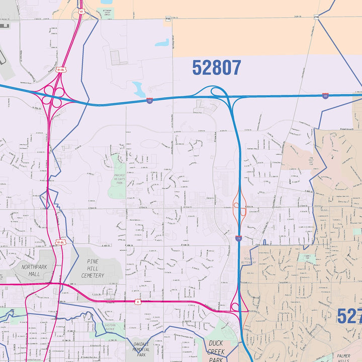 Color Cast Zip Code Style Wall Map of Davenport, IA