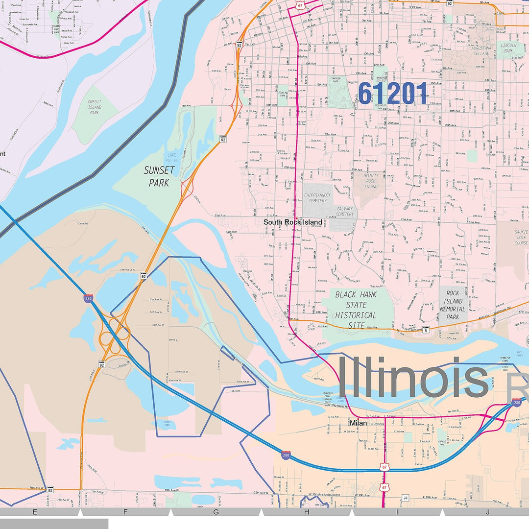 Color Cast Zip Code Style Wall Map of Davenport, IA