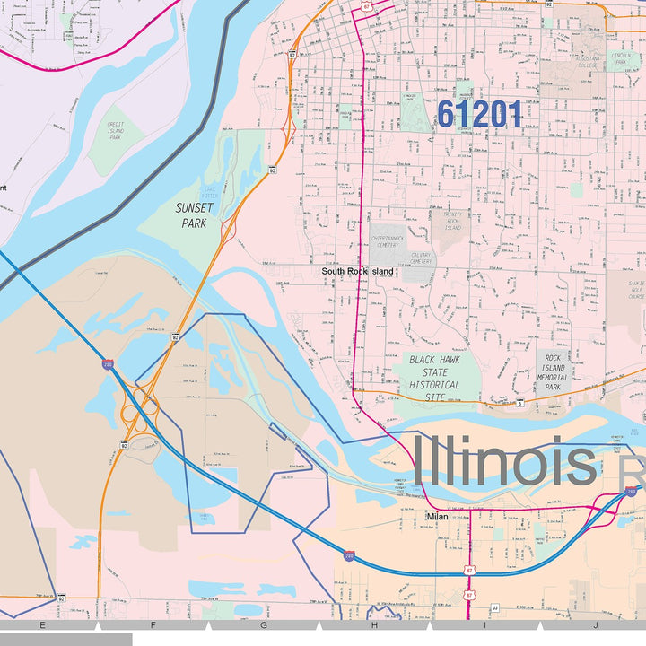 Color Cast Zip Code Style Wall Map of Davenport, IA