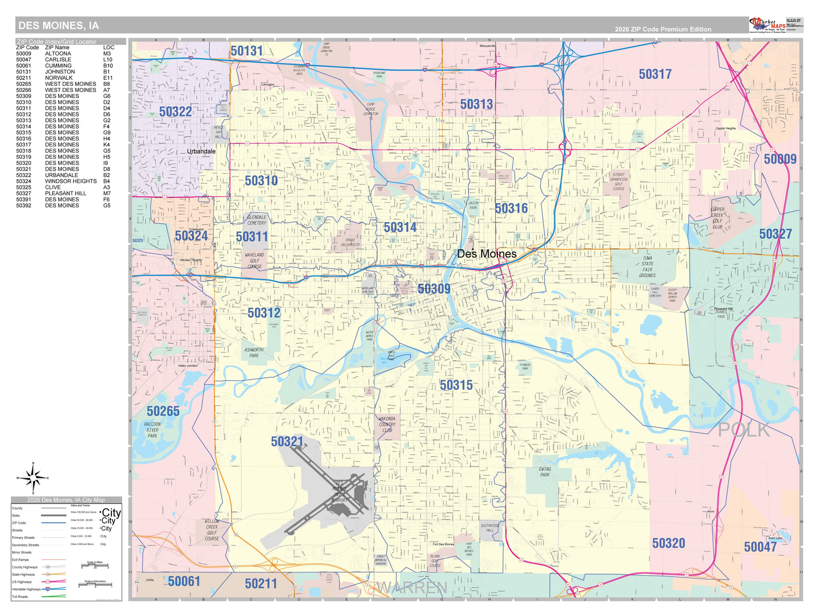 Colorcast Zip Code Style Wall Map of Des Moines IA